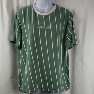 Eighty Eight Men's Large Antisocial Green and White Striped Tee